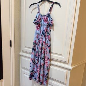 Girls' Light Blue Floral Ruffle Strap Casual Romper with long skirt